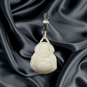 White Jade Sterling Silver & CZ Diamond accents on Black Rope